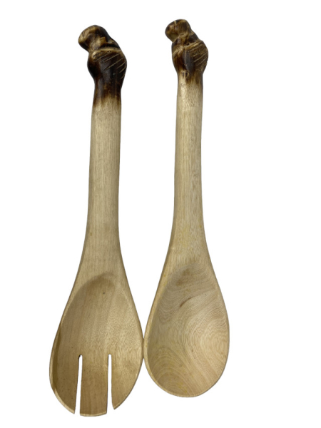 Handgeschnitztes Salatbesteck mit Tierkopf Löwe